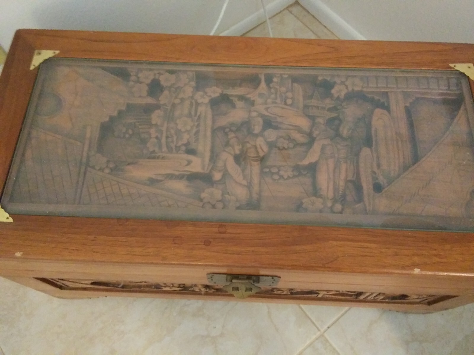Large Carved Wood Trunk (Camphor?) Oriental Chest Deep Carvings Under Glass Top