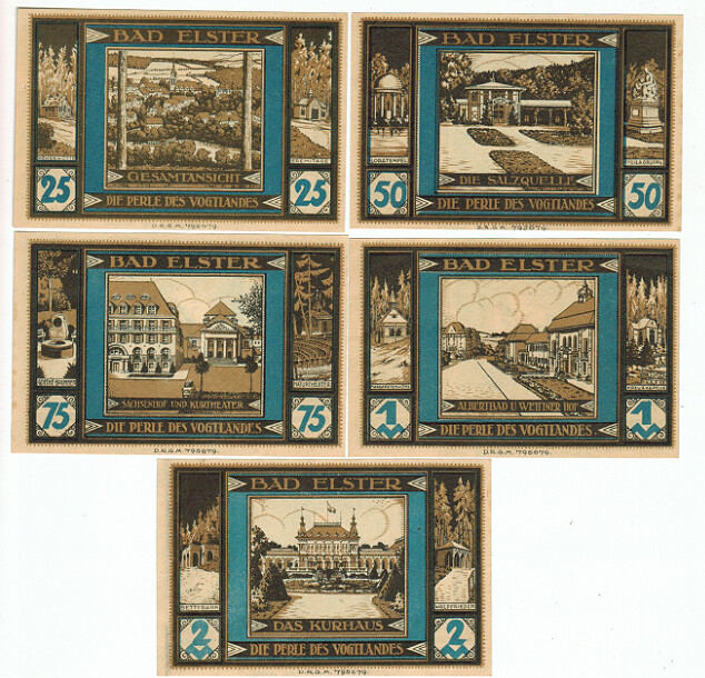 SET OF 5 GERMANY NOTGELD 25.50.75 PFENNIG 1.2 MARK BAD ELSTER 1920 UNC