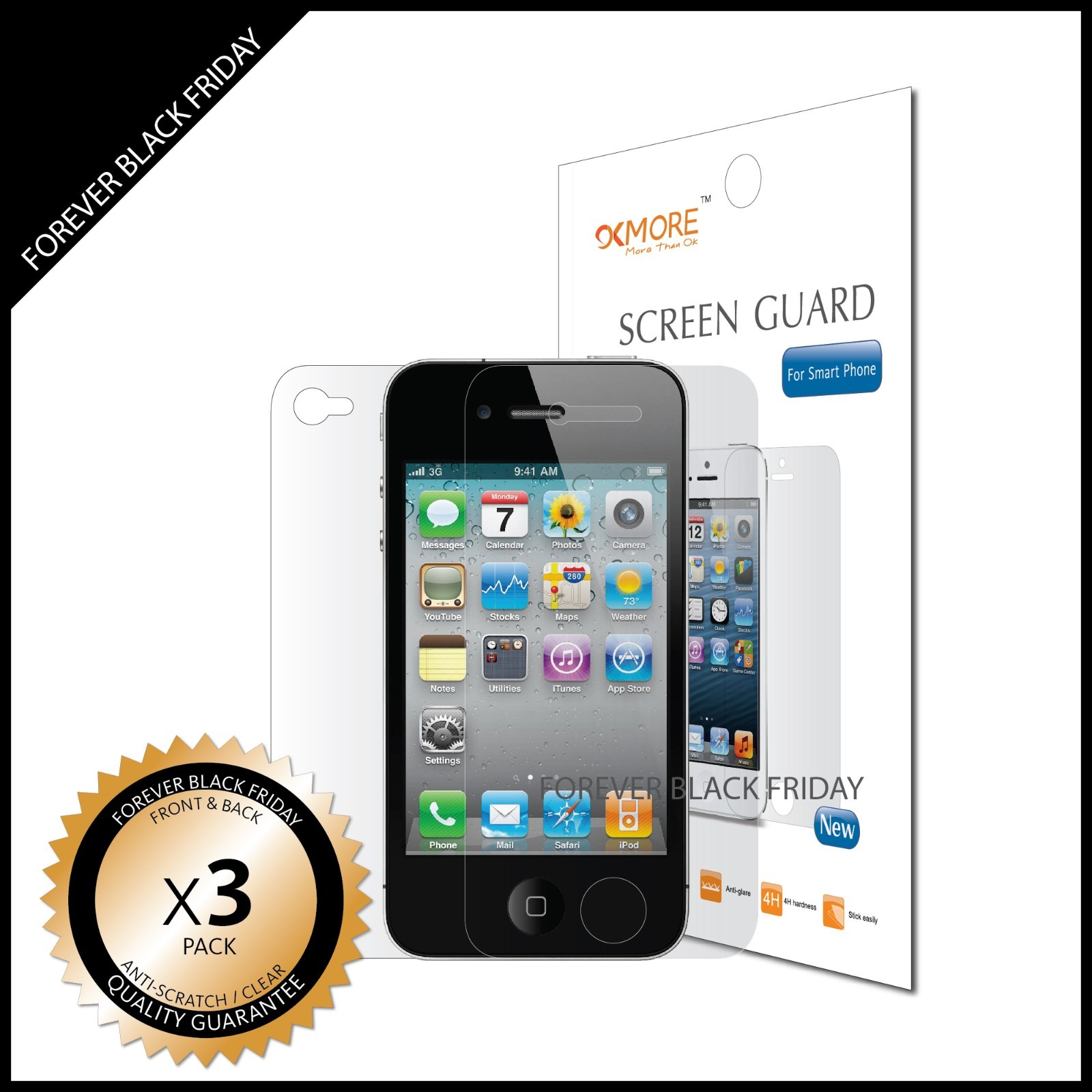 iPhone 4 4S Screen Protector Anti-Scratch Clear 3x Front Back Full Body Cover