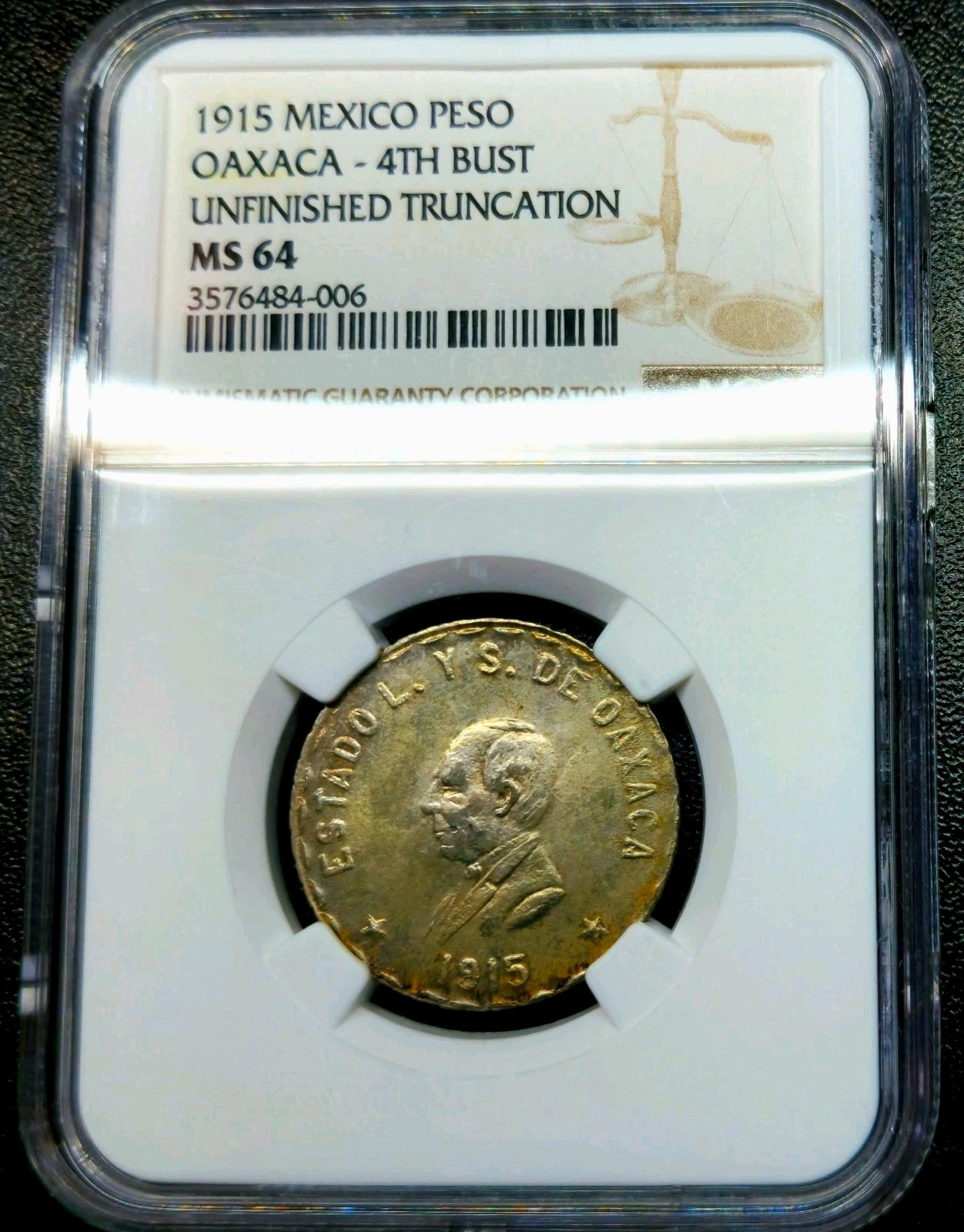 Peso 1915 Provisional Government Unfinished Truncation State Of Oaxaca MS64 NGC!