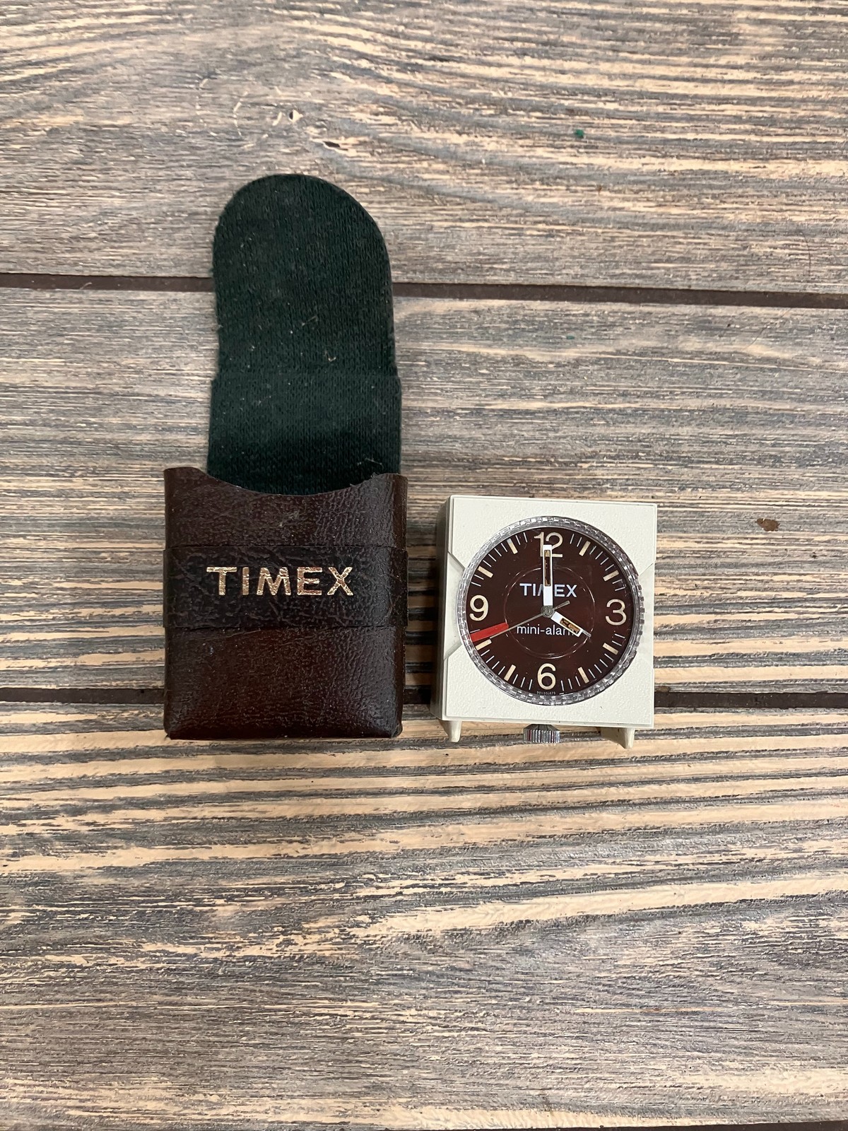 Vintage TIMEX Mini-Alarm Travel Clock with Original Case Brown Dial White