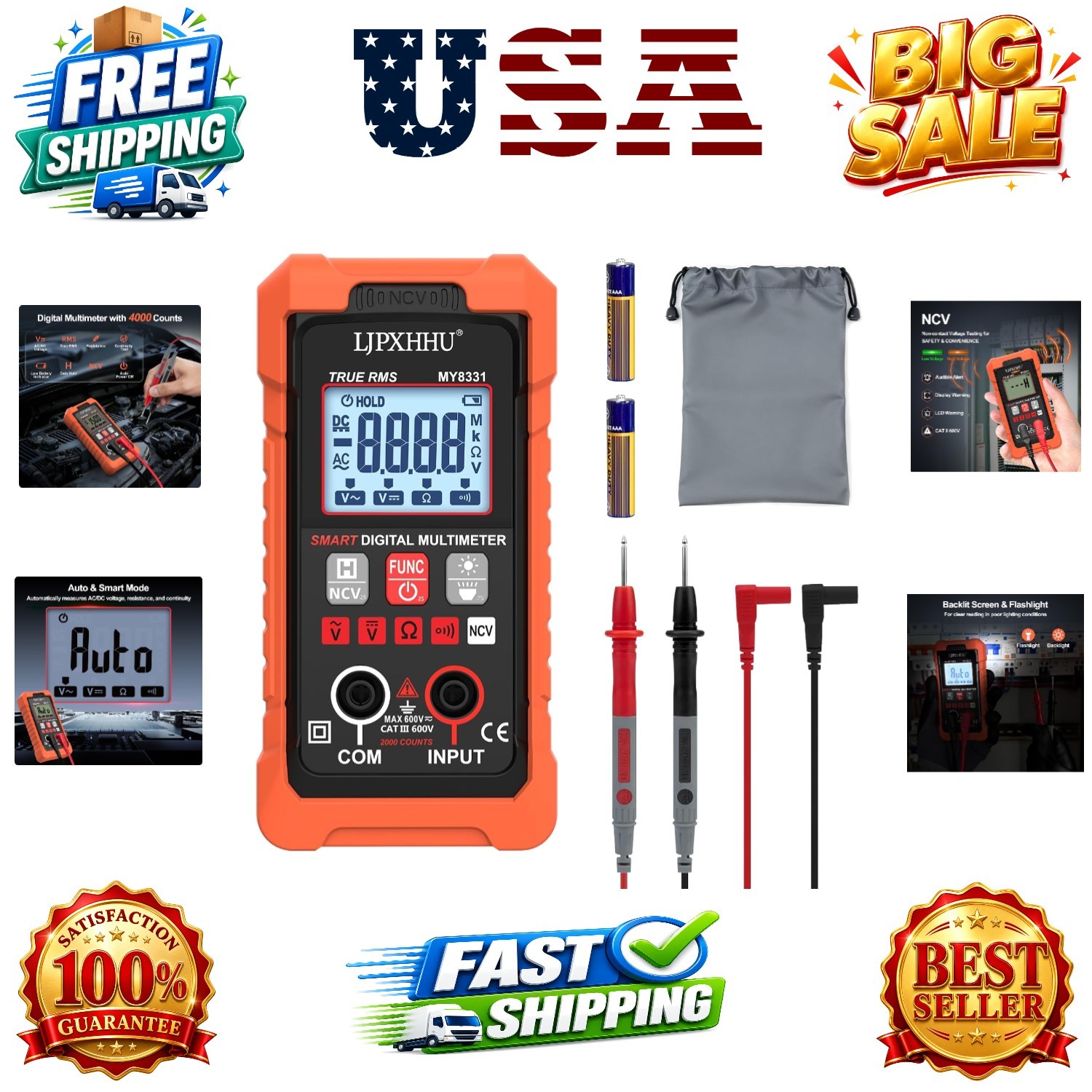Digital Multimeter Volt Meter TRMS 4000 Counts Auto-Range NCV Voltage Multi T...