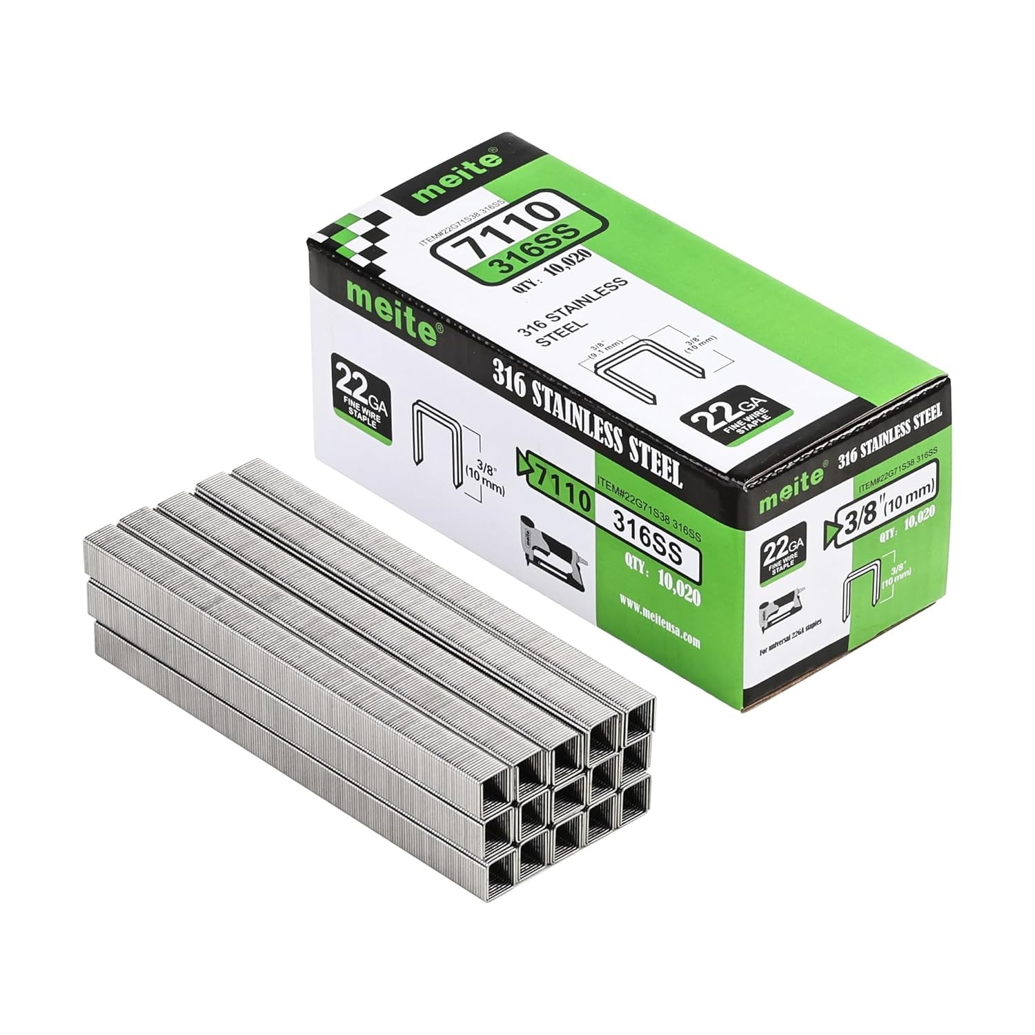 meite 71/10 22 Gauge 71 Series 316 Stainless Steel Upholstery Staples, 3/8-Inch