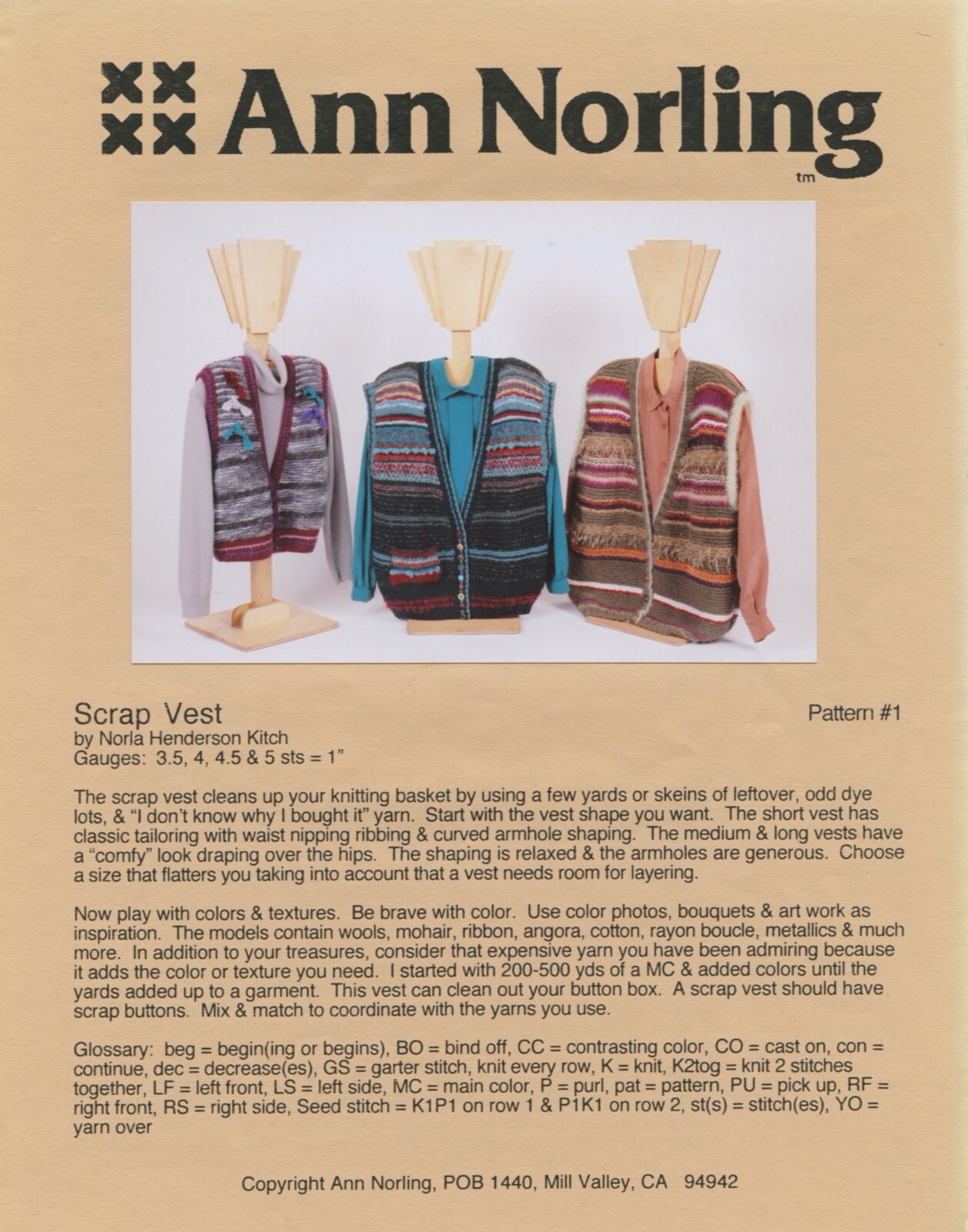 Ann Norling KNITTING PATTERN #1 Scrap Vest - Short, Medium or Long - 36"-52"