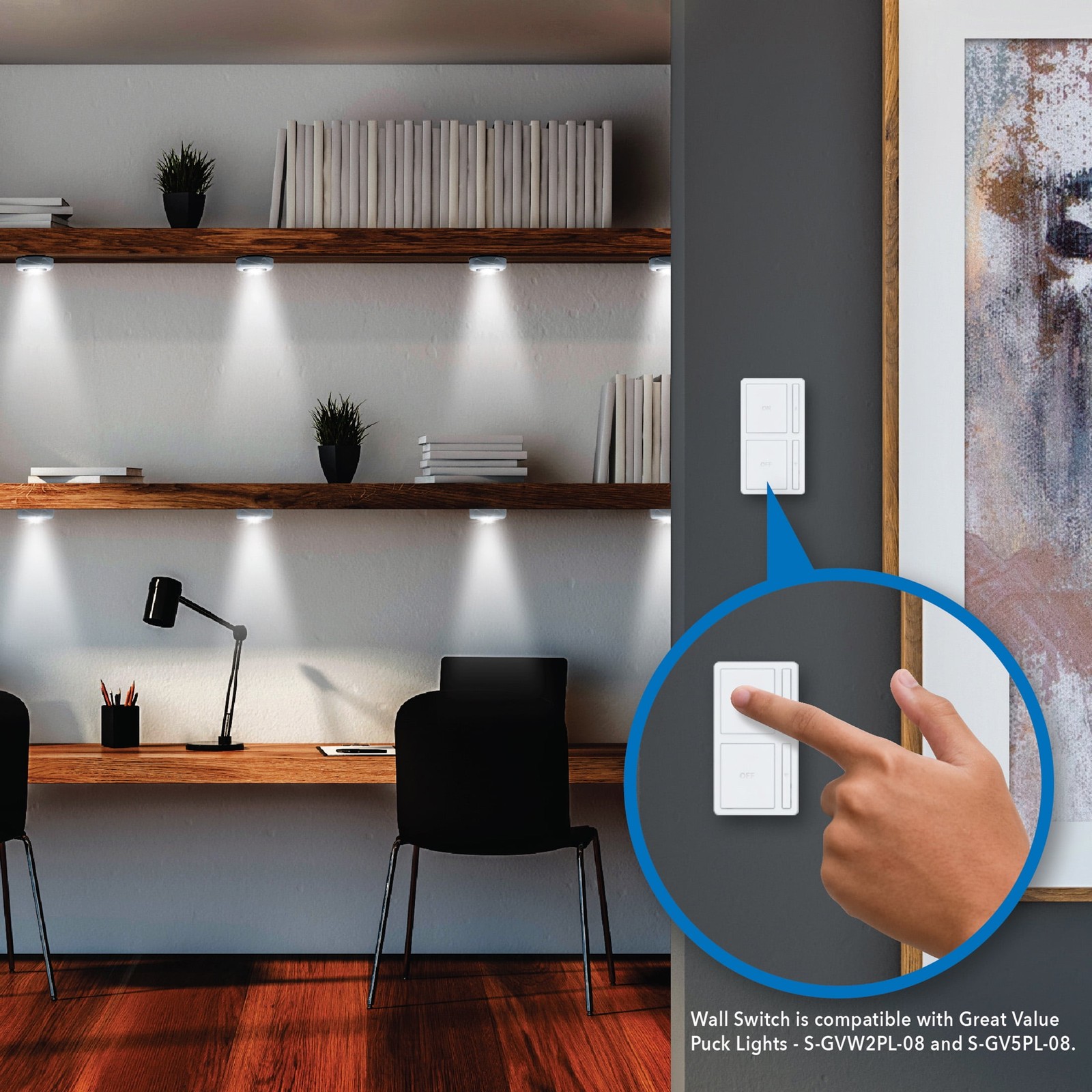 Great Value Wireless LED Puck Lights with Wall Switch - 2 Pack