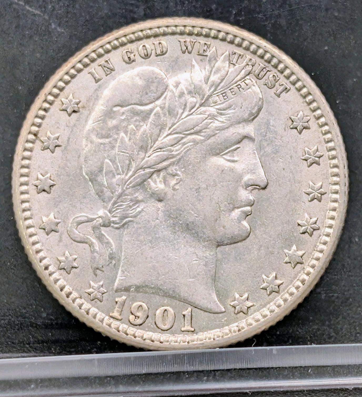 1901 25C Twenty Five Cents Barber Quarter BU details lightly cleaned