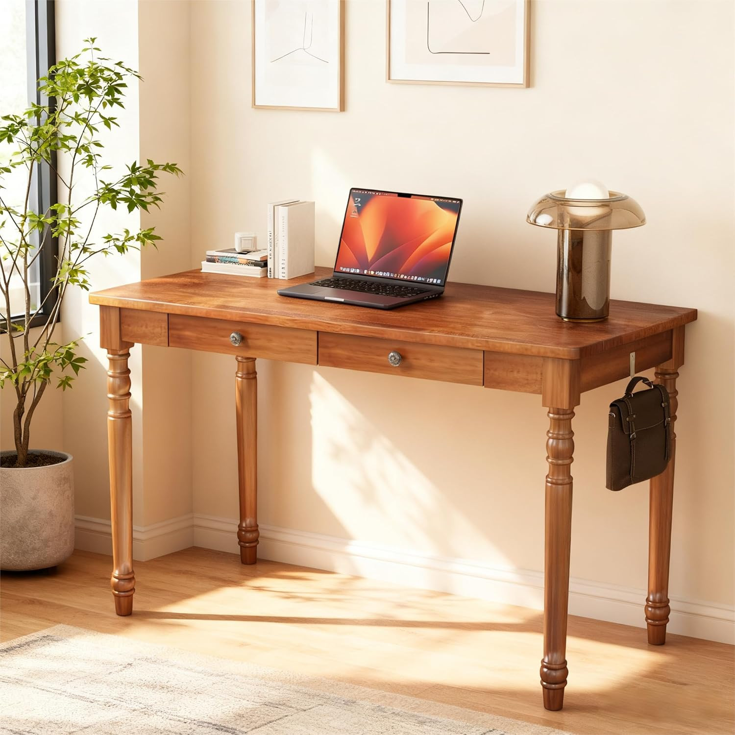100% Solid Wood Desk 47" Wooden Desk with 2 Drawers | Mid Century Modern Desk, V