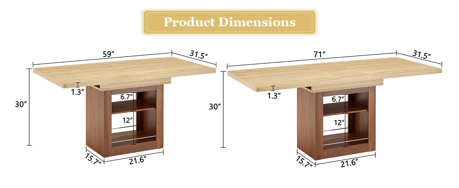 Expandable Dining Table w/storage space,59" to 71" kitchen Dining Table Walnut