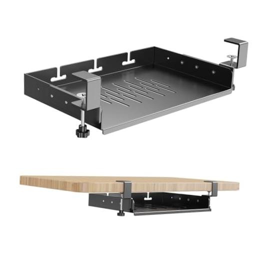 No Drill Under Desk Laptop Mount, Metal Under Desk Storage Shelf | Black