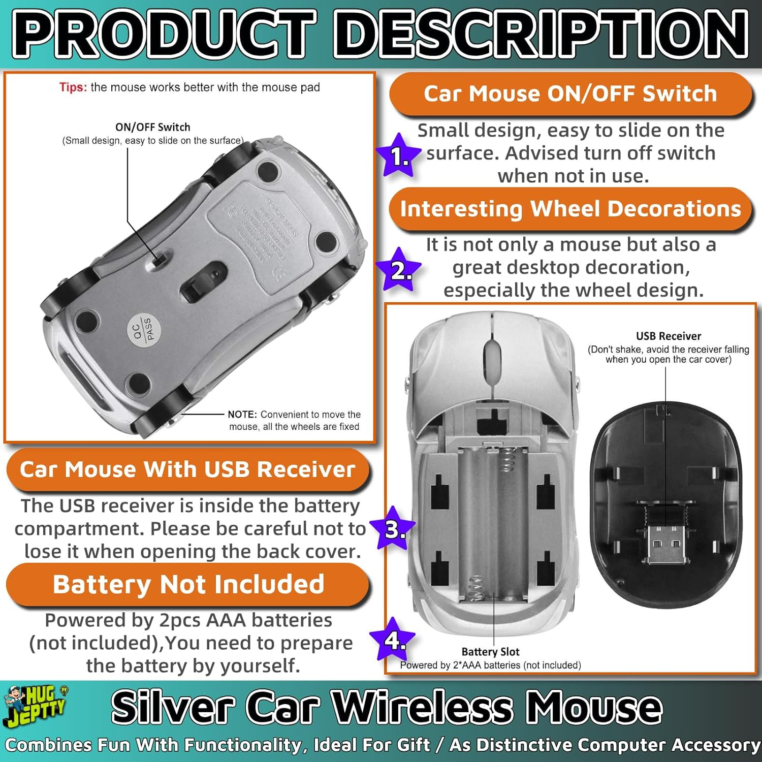 Silver Car Mouse，1600Dpi 2.4G with USB Reciver Computer Mice for Computer Wirele