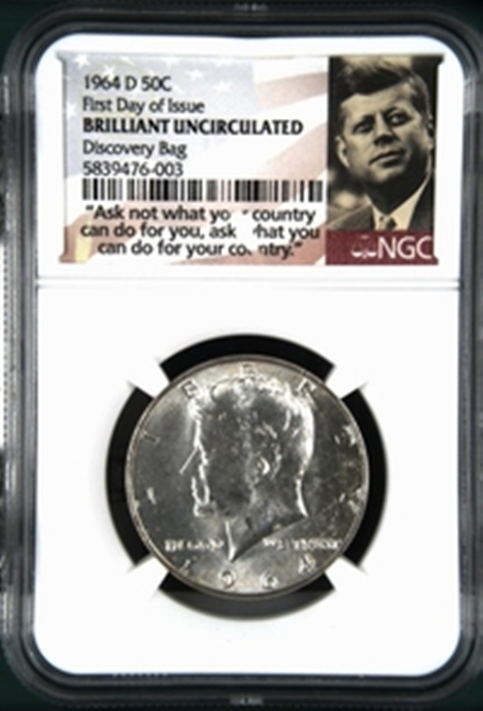 1964 D Kennedy Half Dollar, First Day of Issue, Discovery Bag, See Description