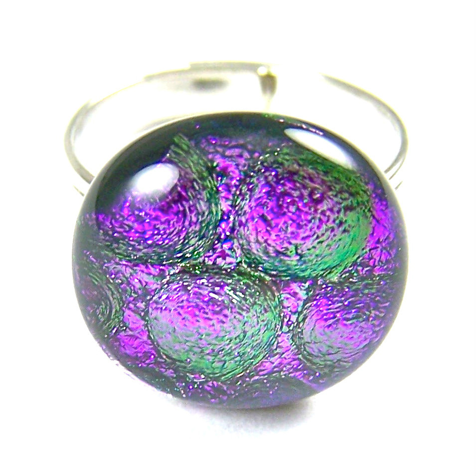 DICHROIC Glass Cocktail RING Silver Adjustable 3/4" 20mm Purple Bubble Dot Round