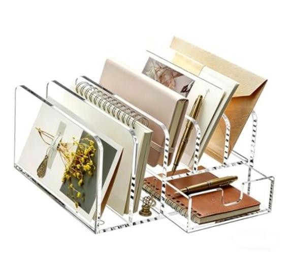 Clear Acrylic Mail Sorter, 5 Slot Desktop File Organizer with Pull-out Drawer,
