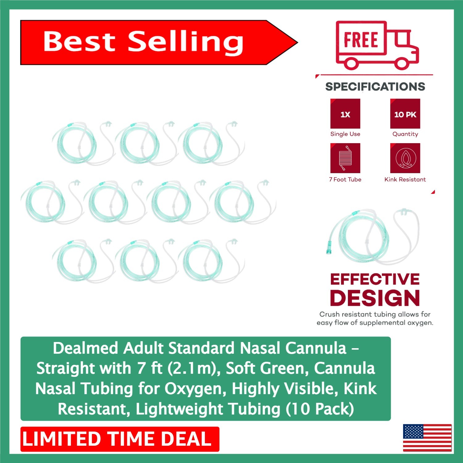 Individually Wrapped Adult Nasal Cannula 7ft - Soft Green, Easy to Use, 10 Pack