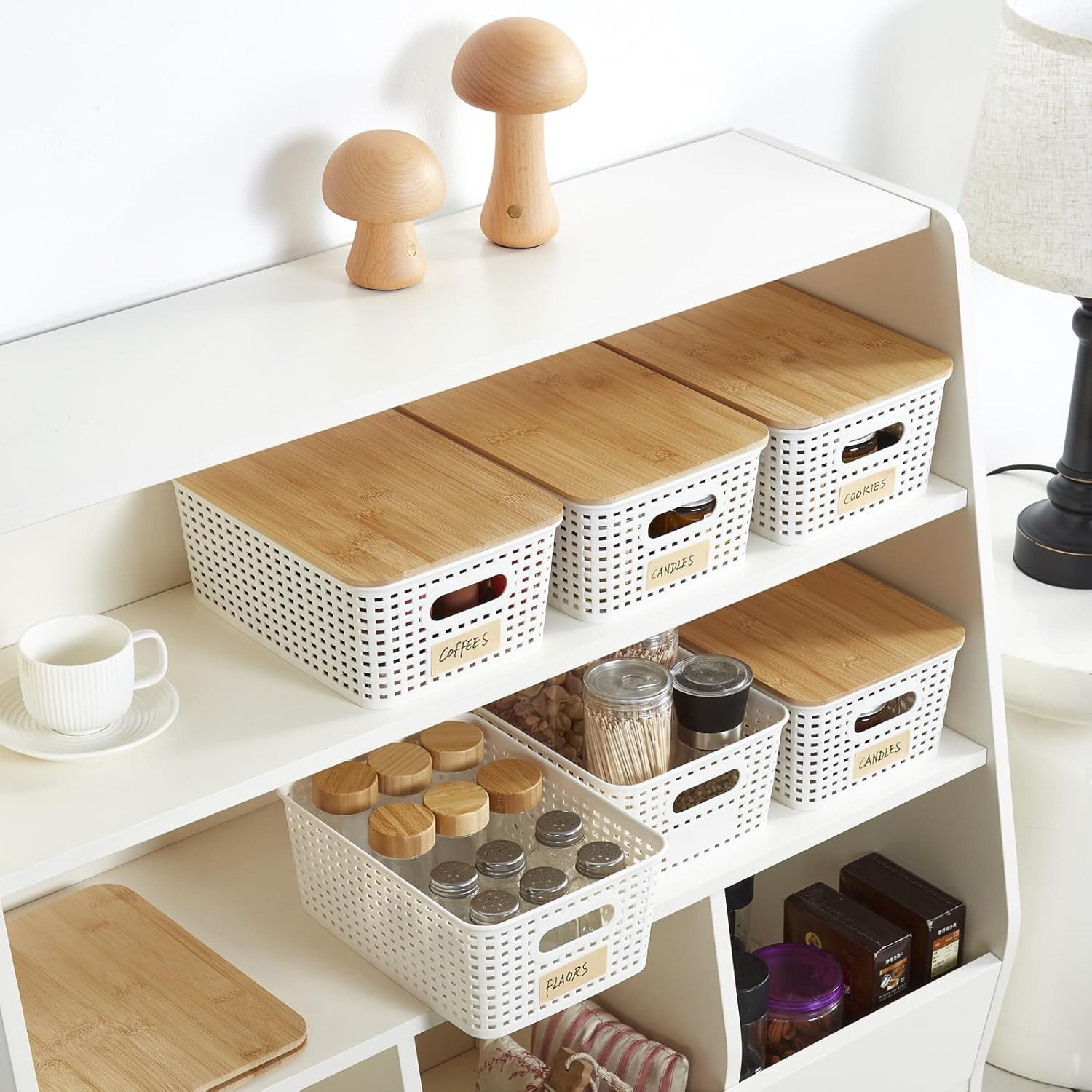 Small Plastic Storage Bins with Bamboo Lids 5.2Qt Stackable Box Basket Pantry De