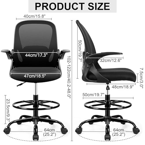 PRIMY DRAFTING CHAIR TALL OFFICE CHAIR WITH FLIP-UP ARMRESTS - BLACK