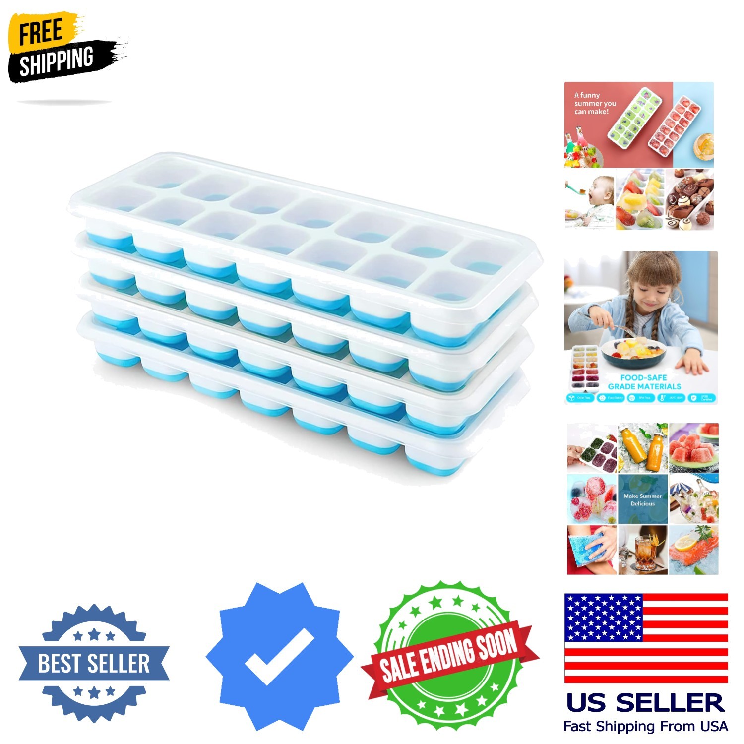 Ice Cube Trays 4 Pack, Silicone Ice Cube Trays with Removable Lid, Easy-Relea...