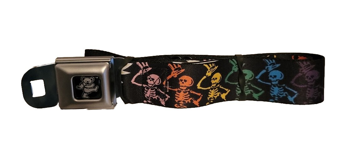 GRATEFUL DEAD SCRIPT BOLT SKELETON AND BEAR SEAT BELT BUCKLE WEB BELT