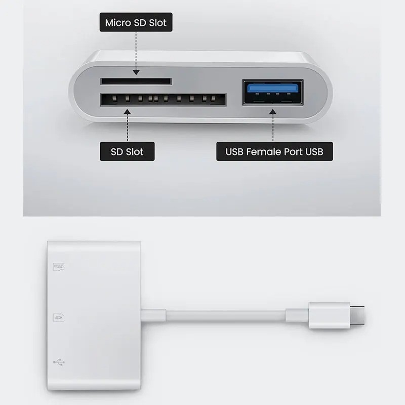 USB C to SD Card Reader, 3-in-1 Hub Converter, Micro SD TF Memory Type-C Adapter
