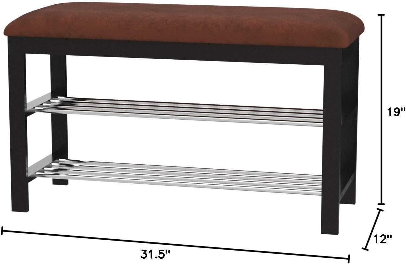 Dark Espresso Wood Shoe Bench with Chocolate Microfiber Seat, Brown, 19.00 X 12.
