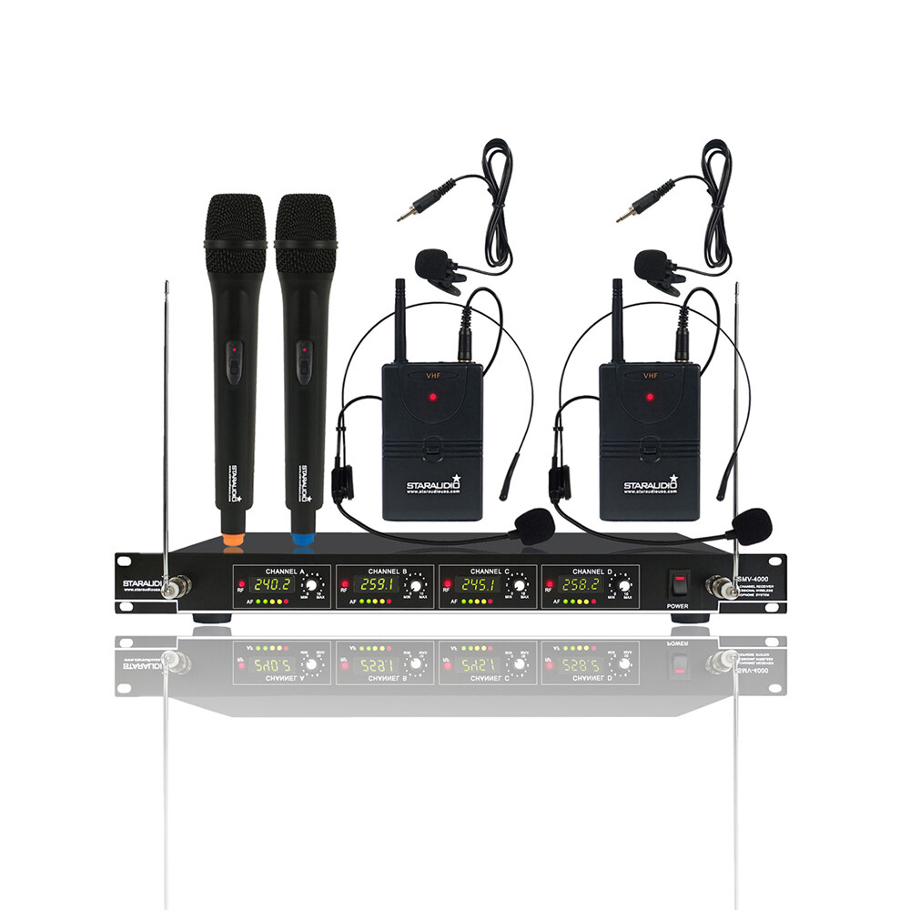 4CH VHF Wireless Microphone Reciever Handheld & Headset Lavalier Bodypacks Mics