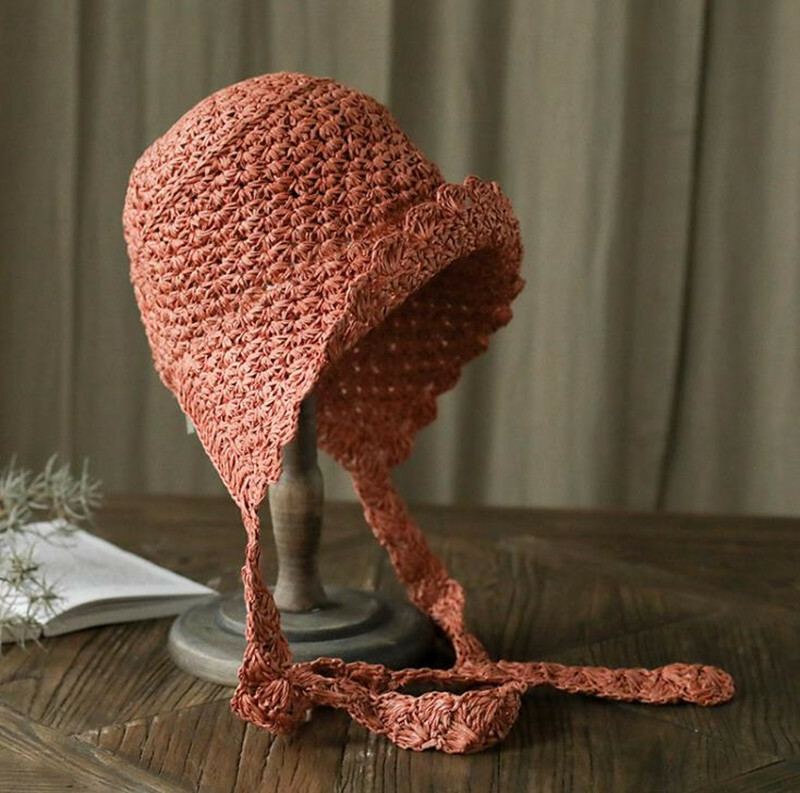 Summer Women Lacing Straw Bucket Hat Knit Decorative Border Sun Proof Hat