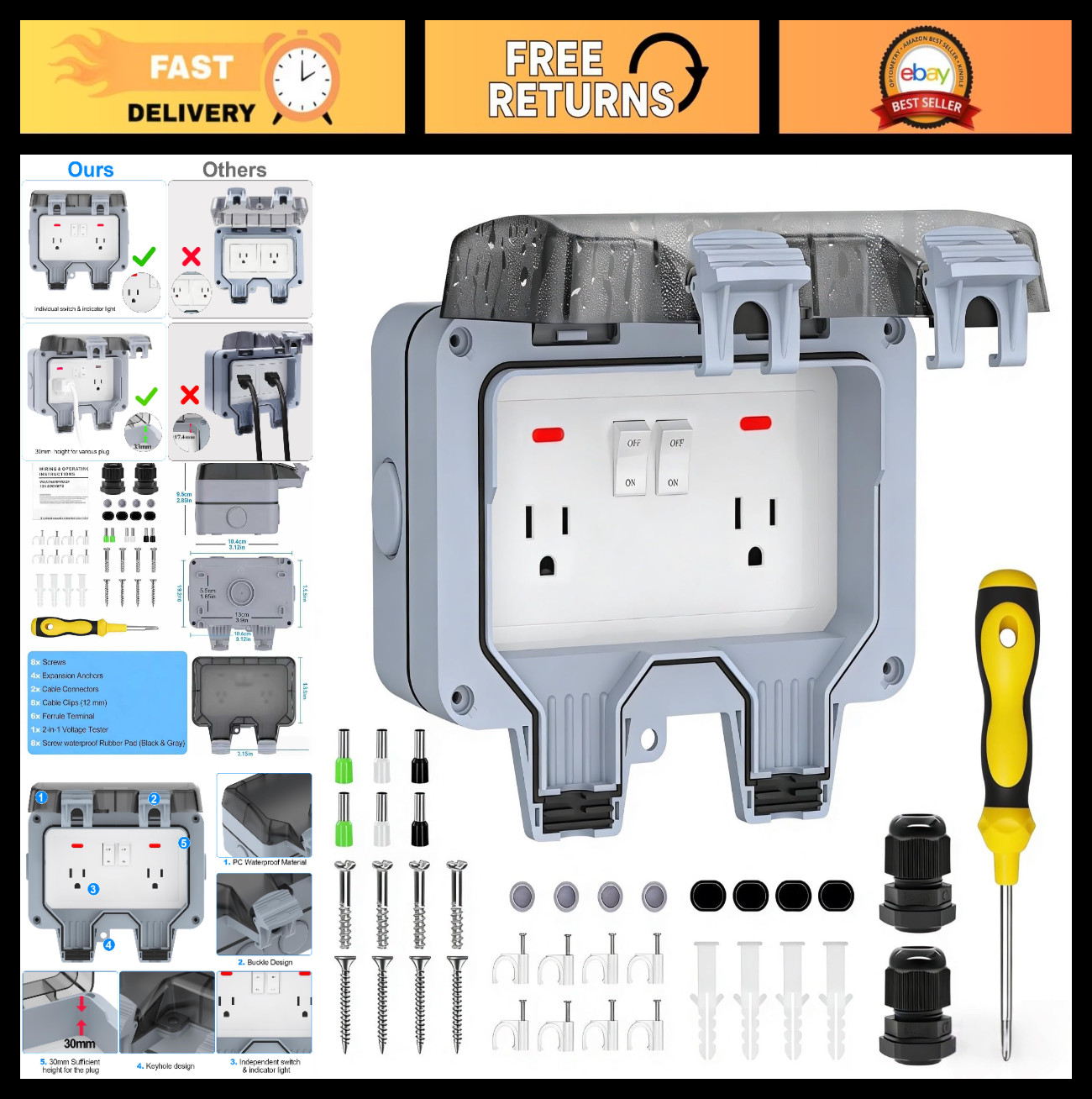Waterproof Double Outdoor Outlet Box IP66, Power Receptacle with Cover & Switch,