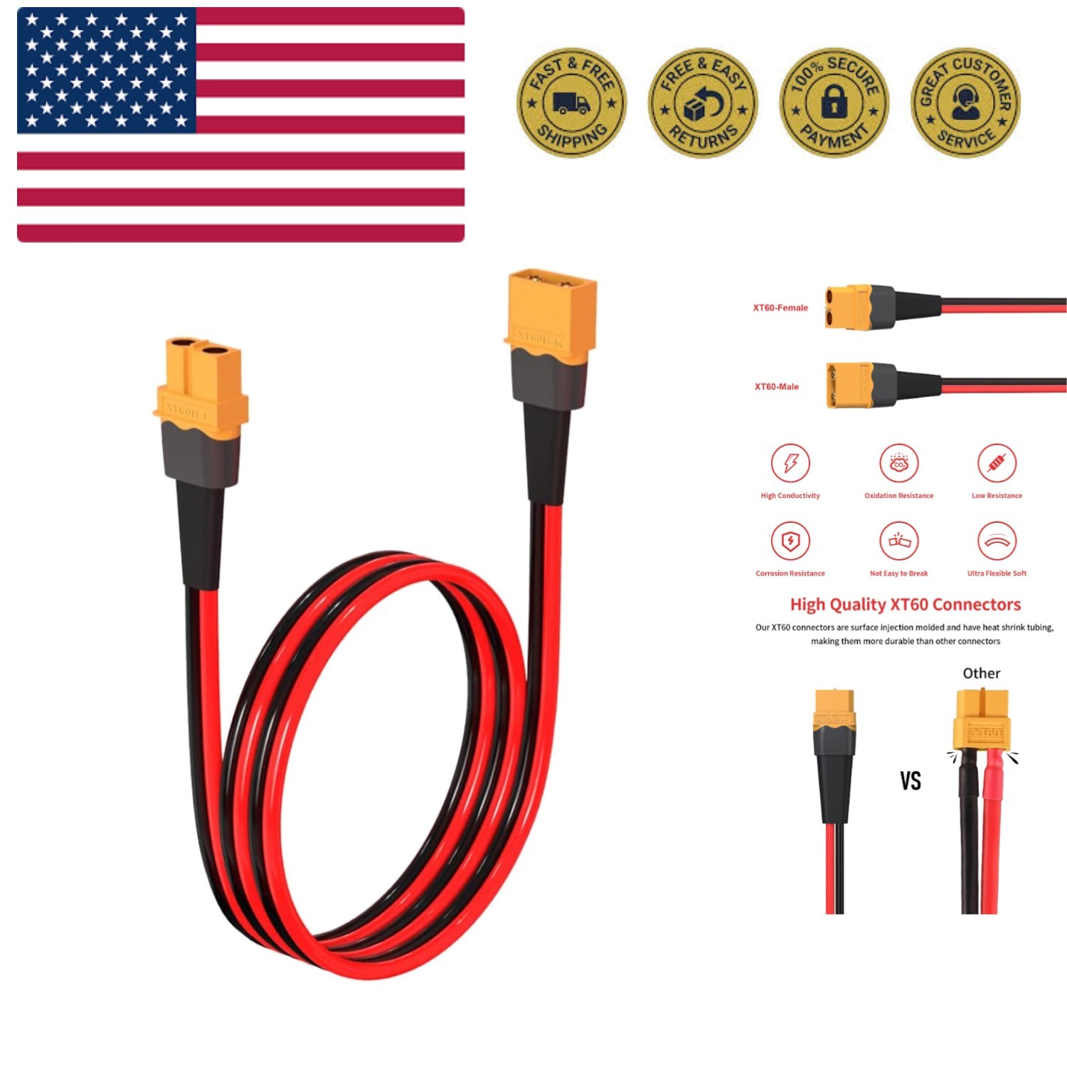 10AWG 2FT XT60 Extension Cable 2 6 10 20 35 50 75 100FT XT60 Female to Male C...