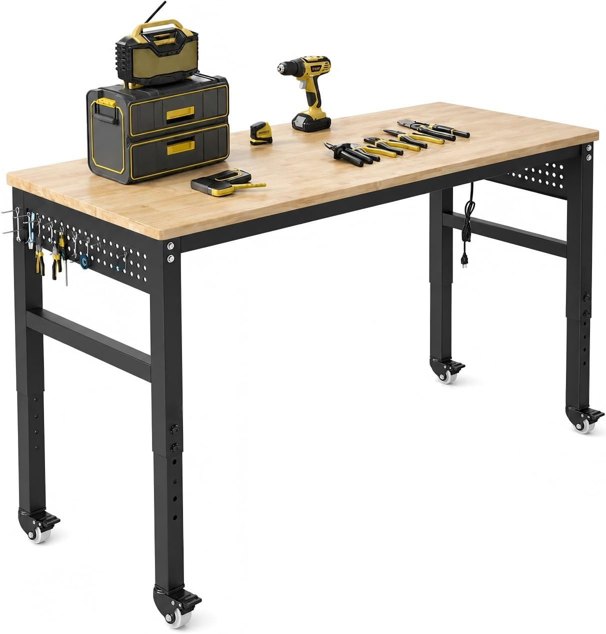 48" Adjustable Heavy Duty Workbench with Power Outlets, Wheel & Pegboard, 2000 L