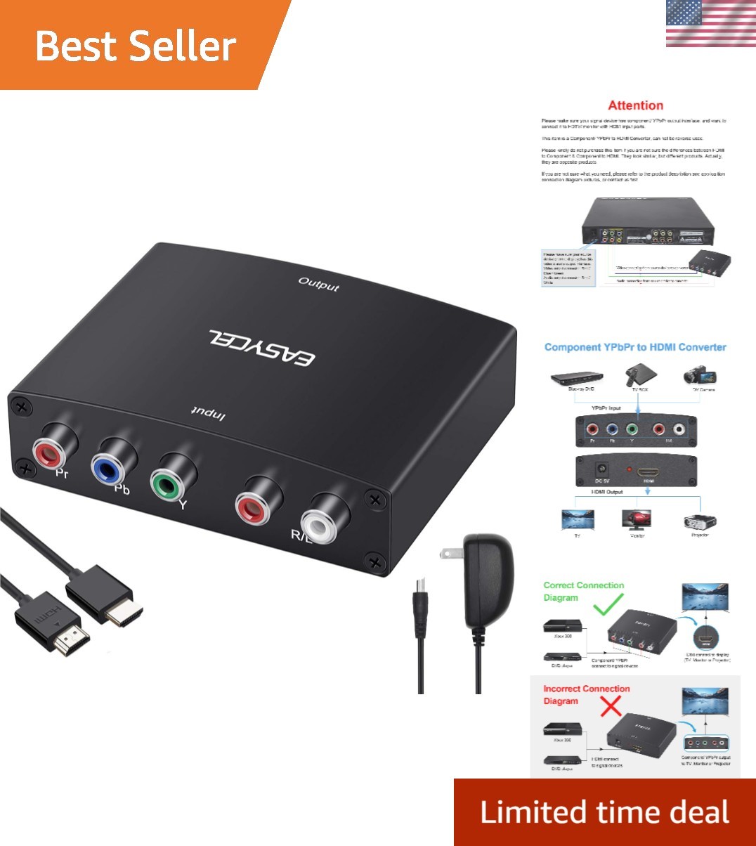 Connect Legacy Devices with Ease: 1080P Component to HDMI Converter, 1.2m Cable