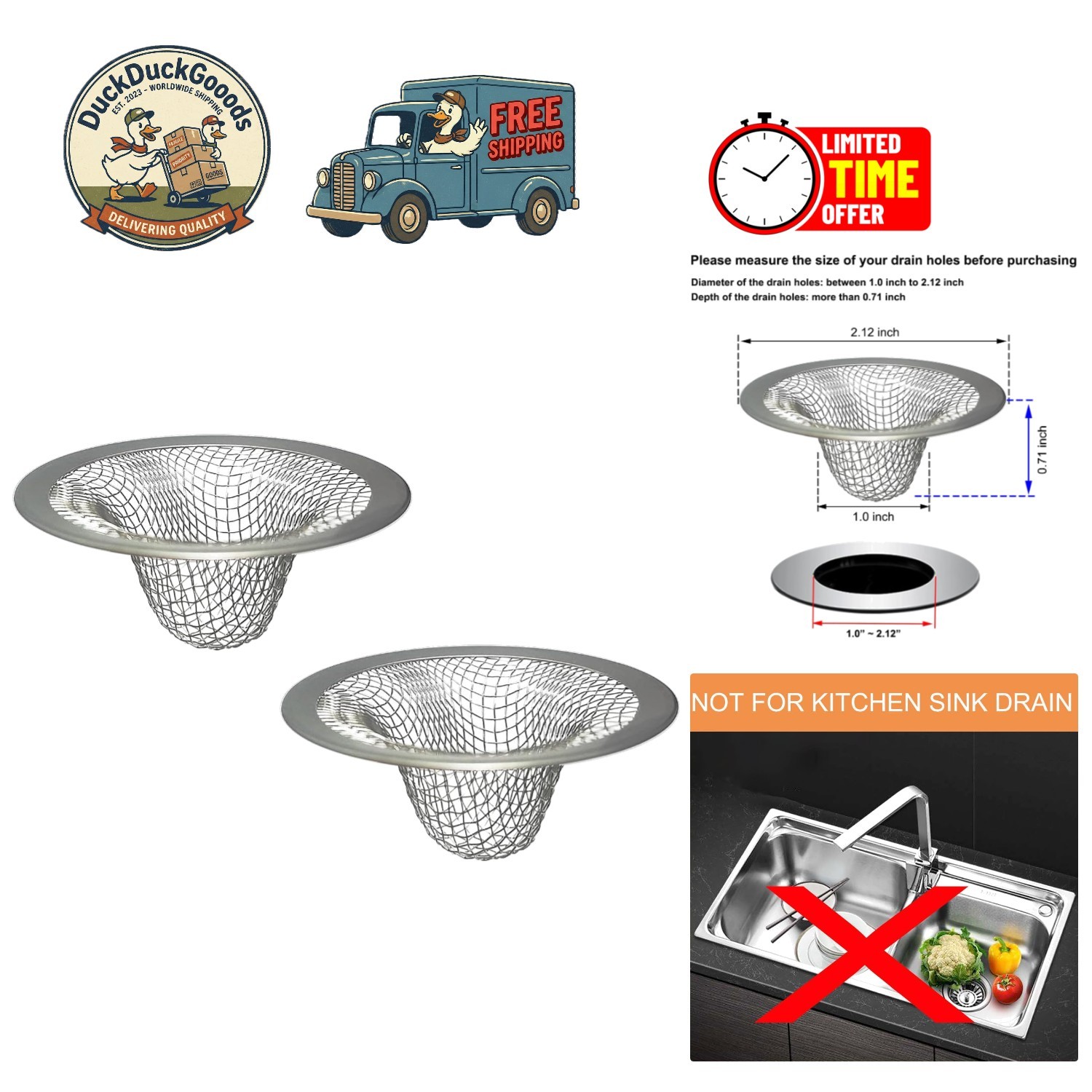Effortless Cleaning 2PCS Drain Strainers -  Rust-Free Stainless Steel