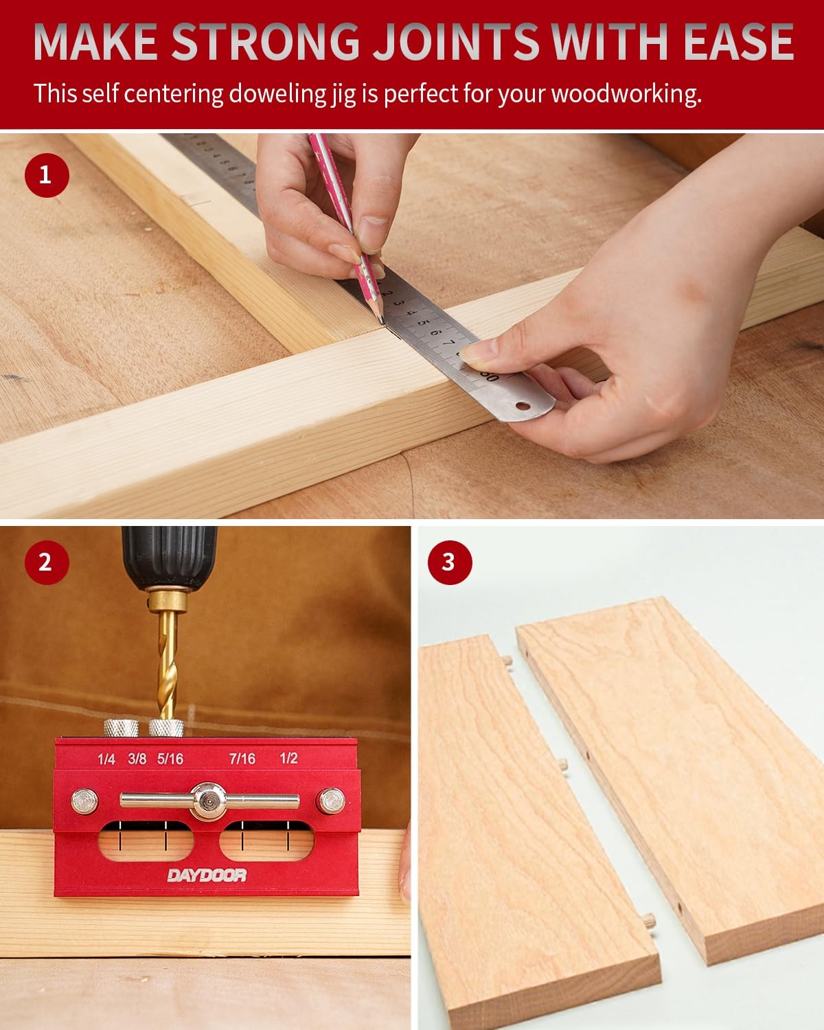 2.1 Self Centering Dowel Jig, Universal Capacity Doweling Jig & Drill Guide for
