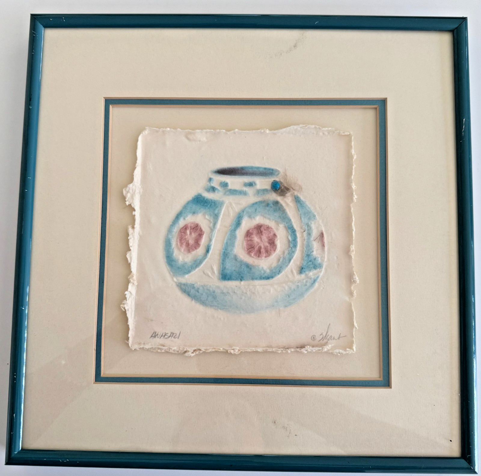 SIGNED ANANASI HANDMADE PAPERCAST POTTERY NATIVE AMERICAN ART FRAMED 12" x 12"