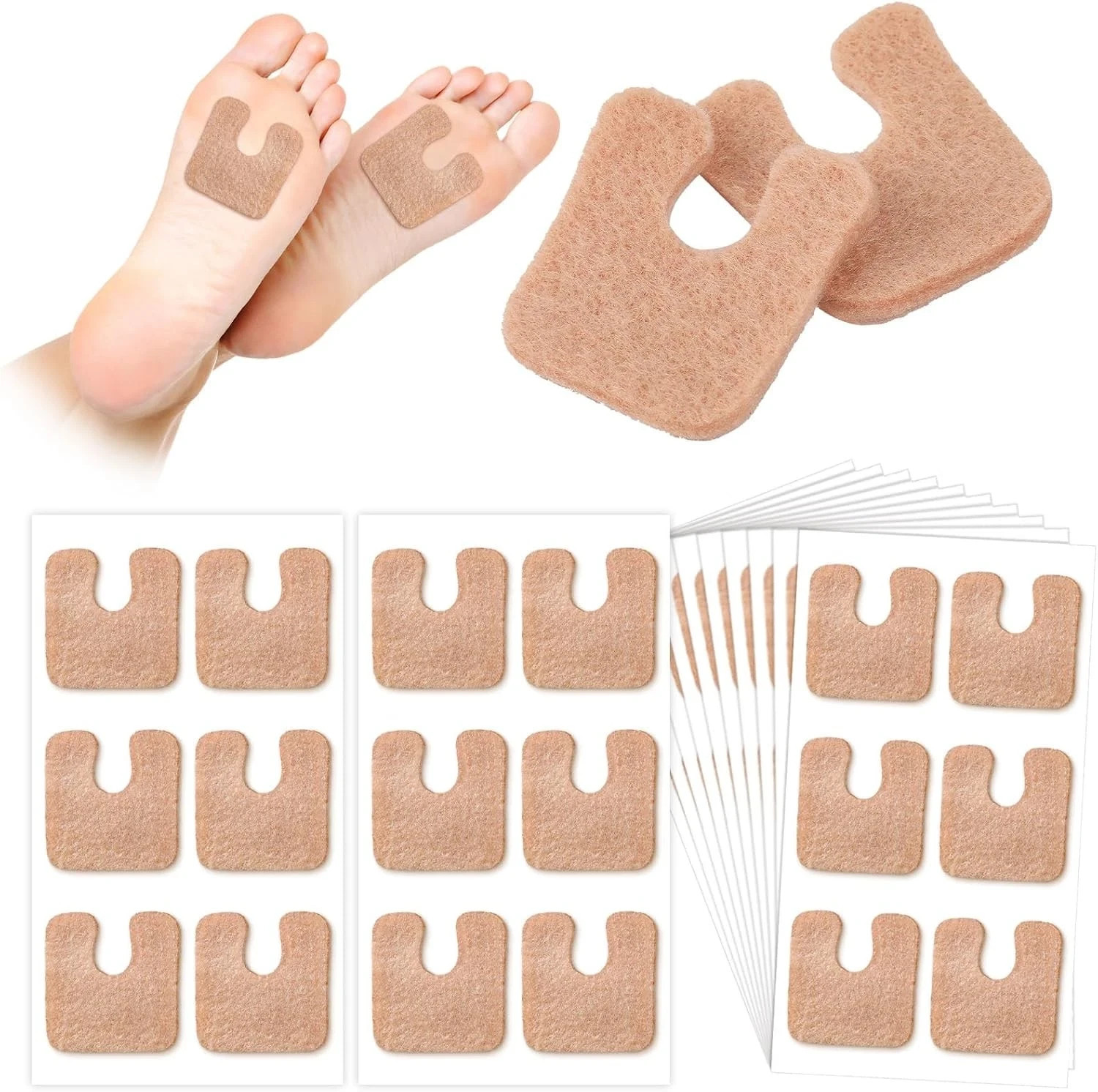 Boao 60 Pcs Callus Pads 1/4" Thick U Shaped Metatarsal Corn Felt Beige