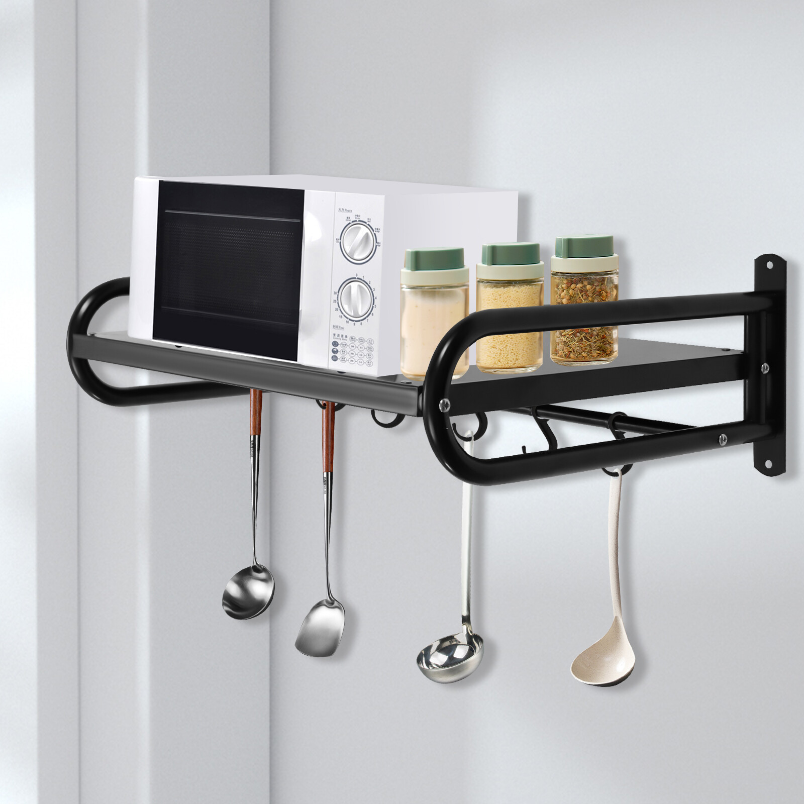 Kitchen Pan Pot Rack Wall Mounted Hanging Storage Organizer Shelf With 6 Hooks