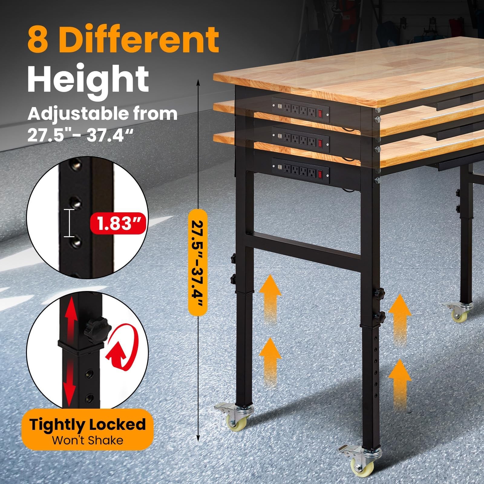 60" Adjustable Workbench w/Drawer & Power Outlets, 2000Lbs Work Table for Garage