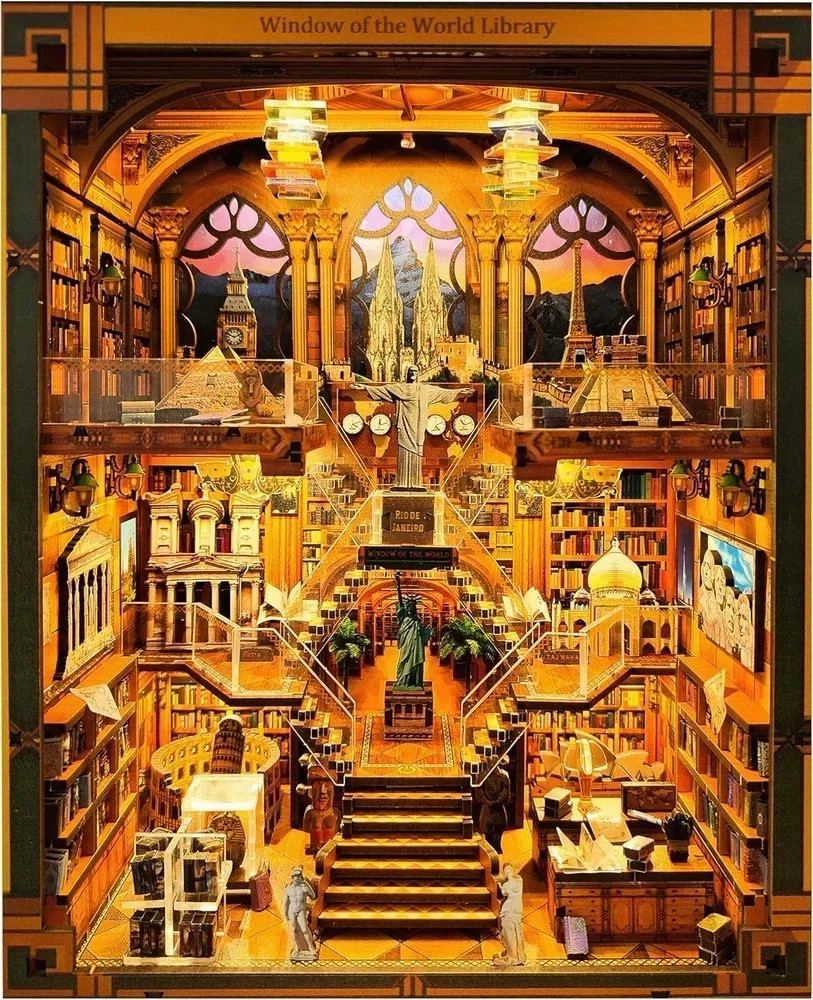 Book Nook Kit - DIY Miniature World Library Booknook - 3D Wooden Puzzle with LED