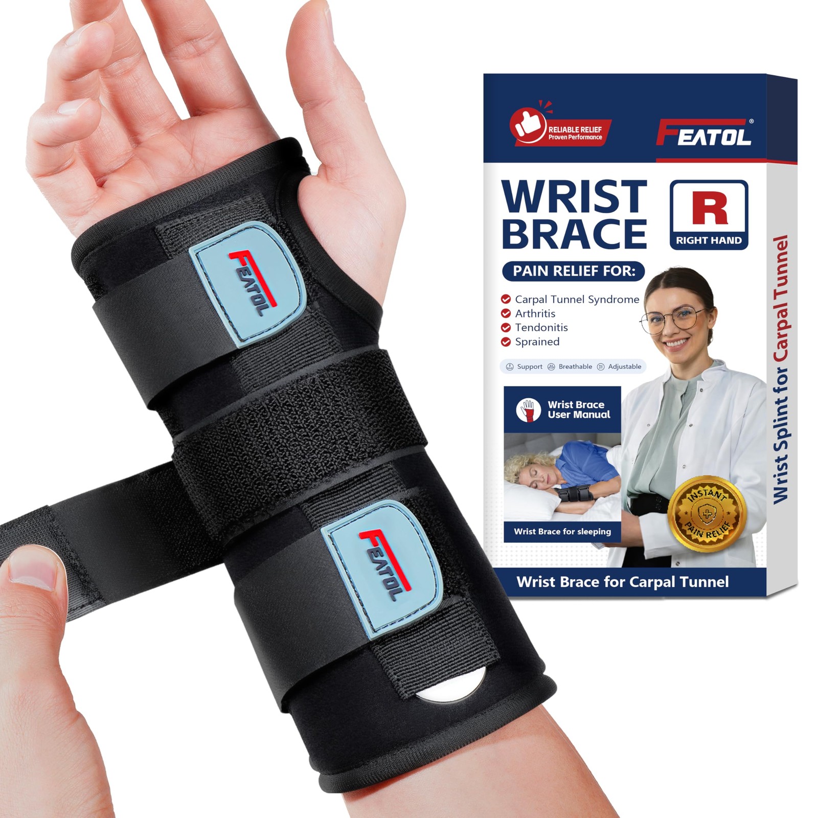 FEATOL Wrist Brace for Carpal Tunnel, Adjustable Large/X-Large (Pack of 1)