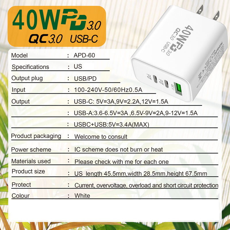 For iPhone 15 Pro Max iPad Fast Charger 40W Double PD USB C Adapter Type C Cable