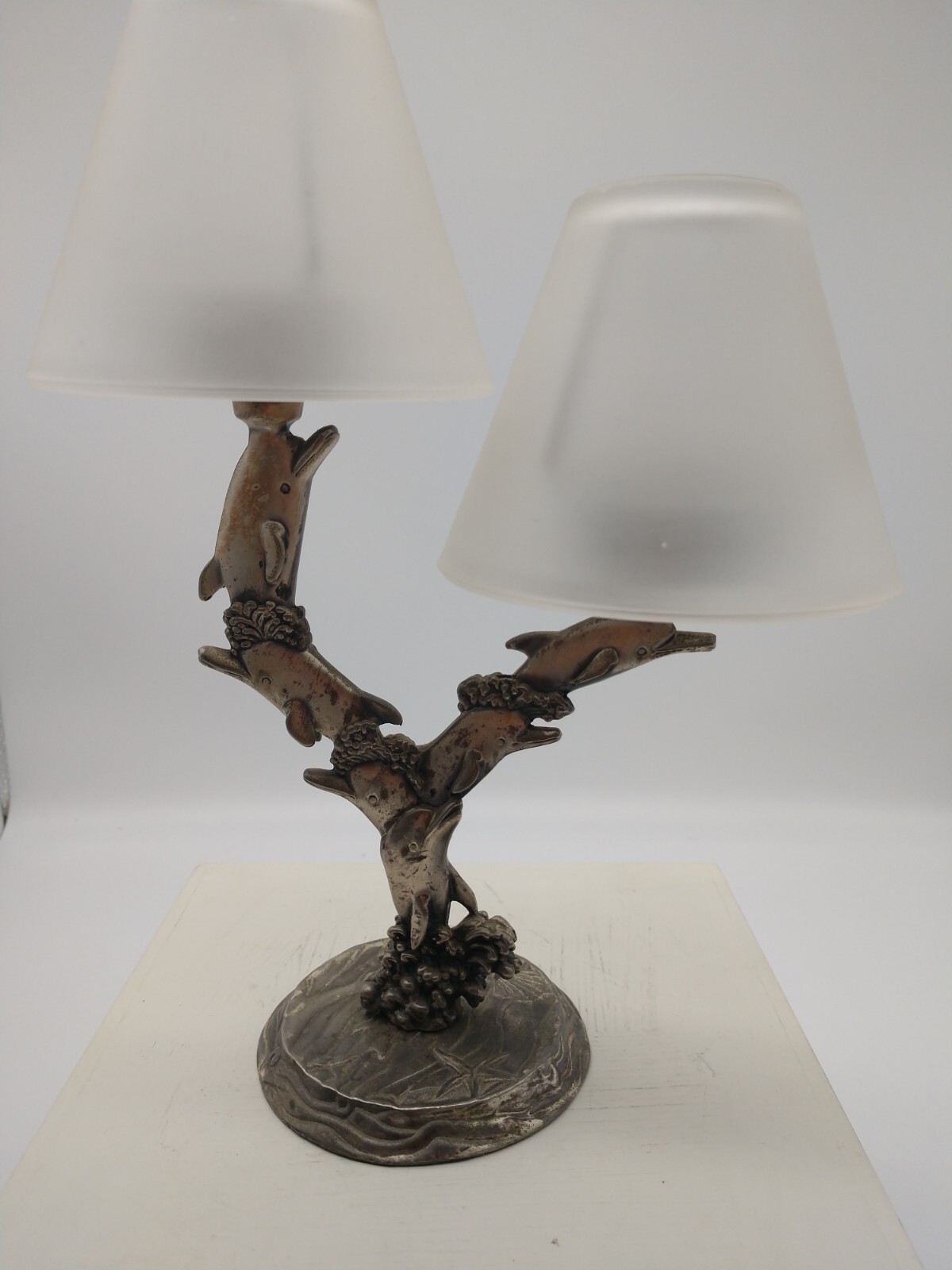 Dolphin Tealight Metal Double Lights Shades 10 inches tall 6 figurines waves