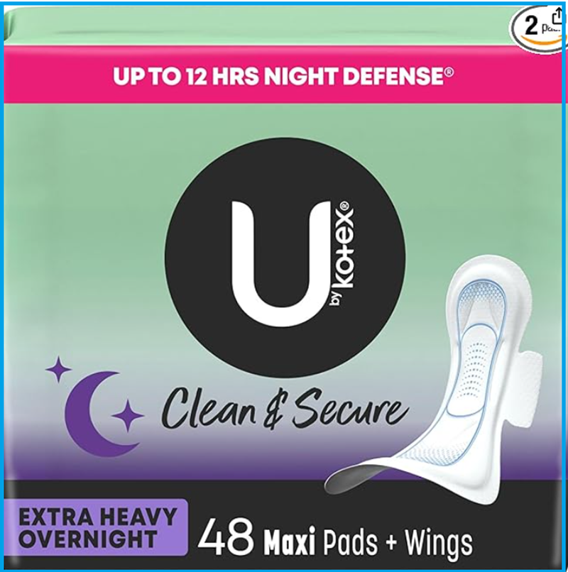 2-Pack U by Kotex Security Maxi w/ Wings, Extra Heavy Overnight, Unscented, 48ct