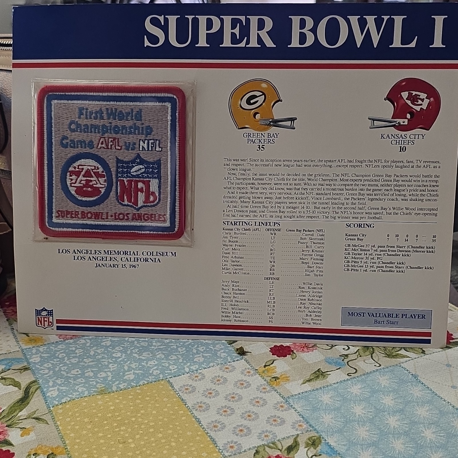 Super Bowl I 1967 Vintage Patch Green Bay Packers Kansas City Chiefs Football