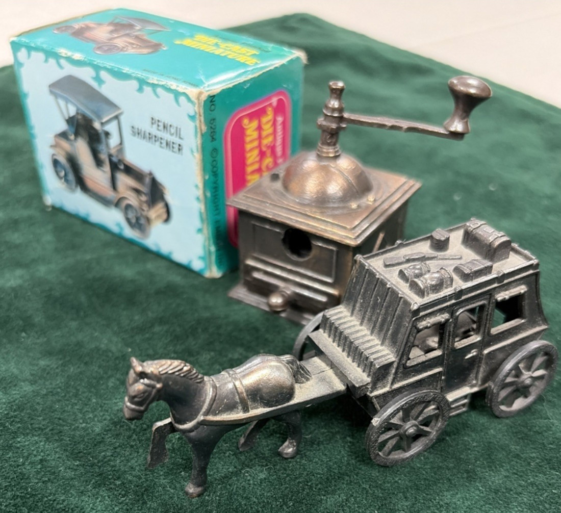 3 Vtg Die Cast Pencil Sharpeners Coffee Grinder, 1917 Car & Horse With Carriage