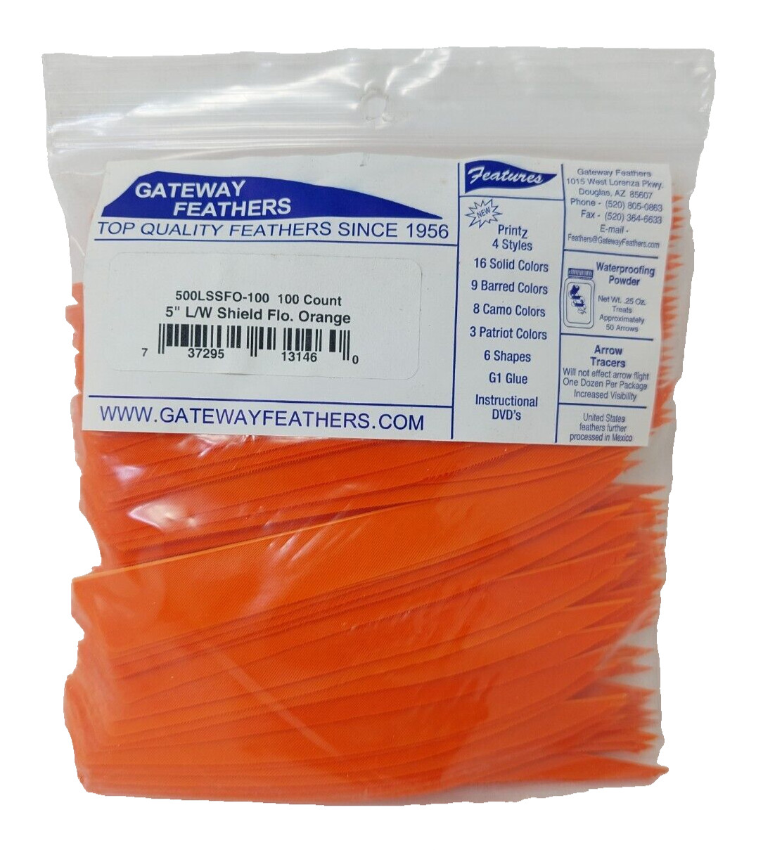 100 Pack Gateway Feathers 5" Left Wing: Shield Flo. Florescent Orange 500LSSFO