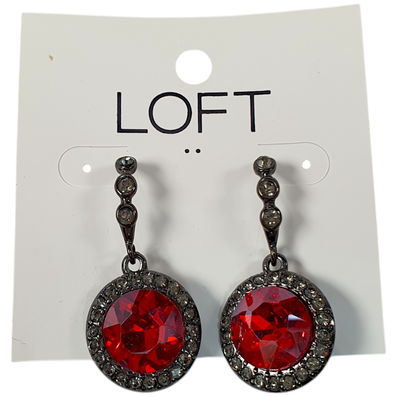 LOFT Red Faux Ruby Rhinestone Elegant Dangle Earrings Gun Metal Tone 1 1/2"