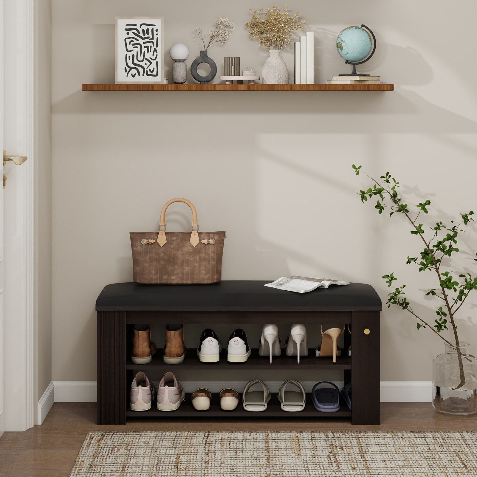 Entryway Bench: PU Leather Storage Seat with Shoe Rack & Hooks | Hallway Stool