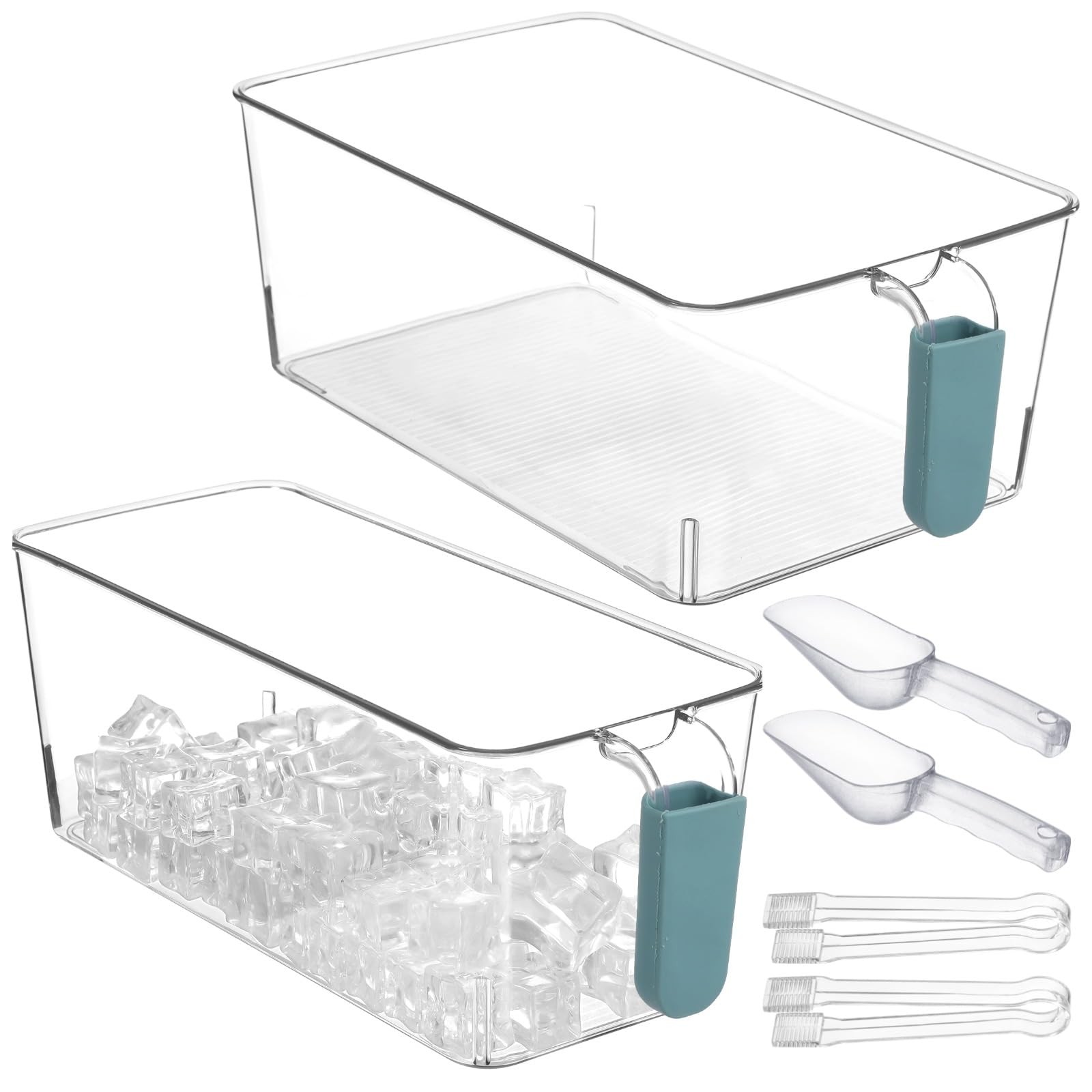 Best 2 Pcs Ice Bin with Scoop and Tong, Bucket Handle for Freezer, Sizes Clear