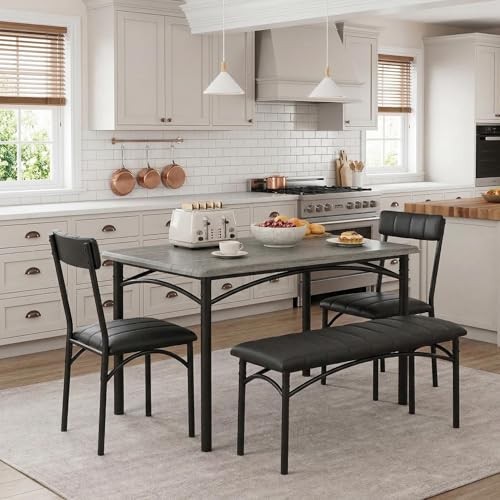 Dining Table Set for 4, Kitchen Table and 2 Chairs with Bench Rustic Gray