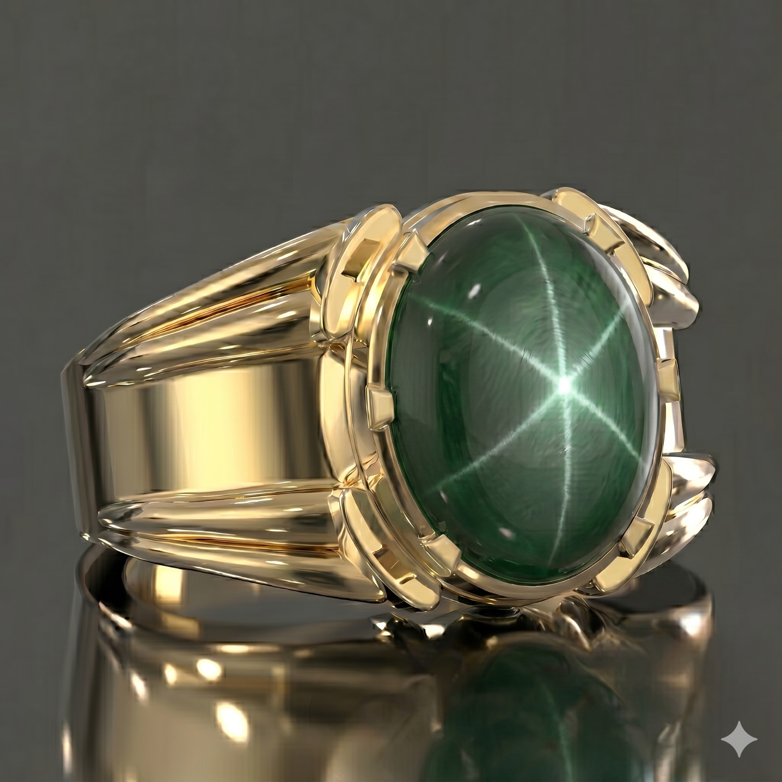 6 Ray Green Star Sapphire Ring 925 Sterling Silver Lindy Star Gemstone Mens Ring