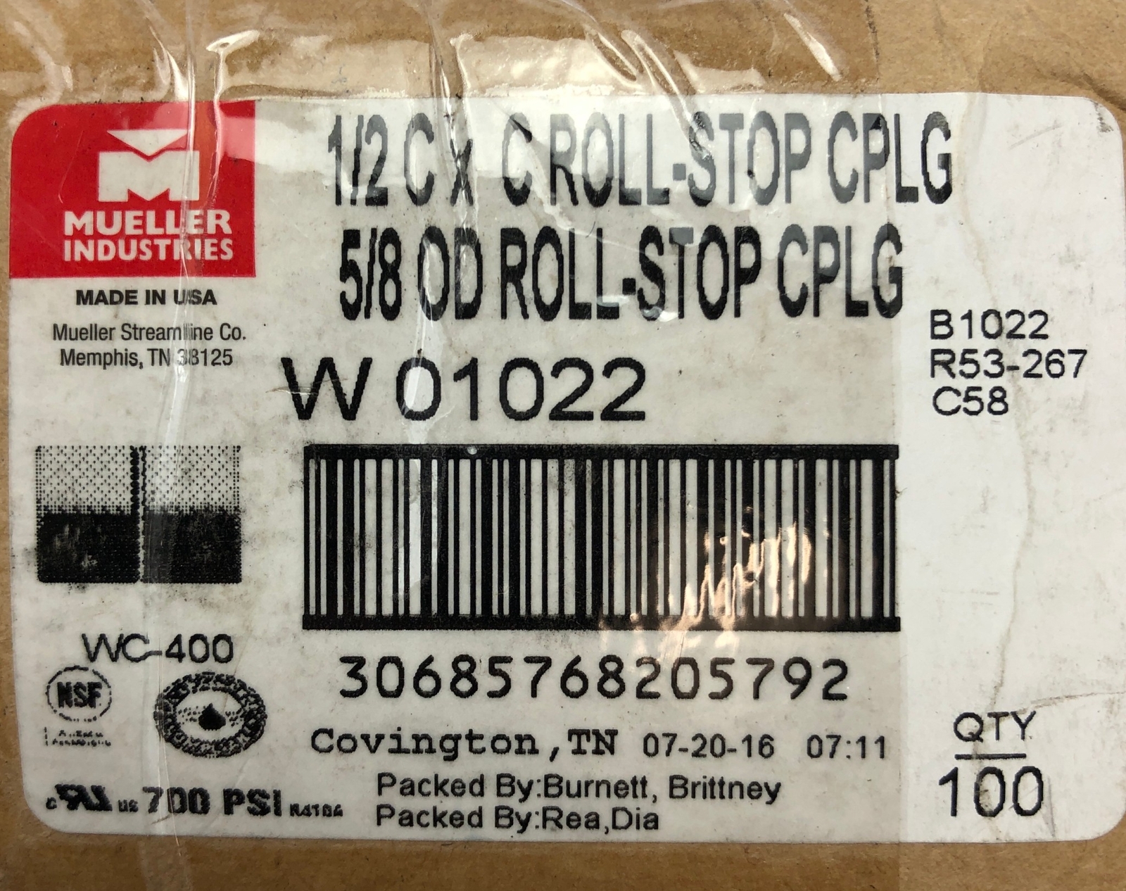 Mueller Coupling Roll-Stop Copper 1/2 inch C X C 100-Pack W01022
